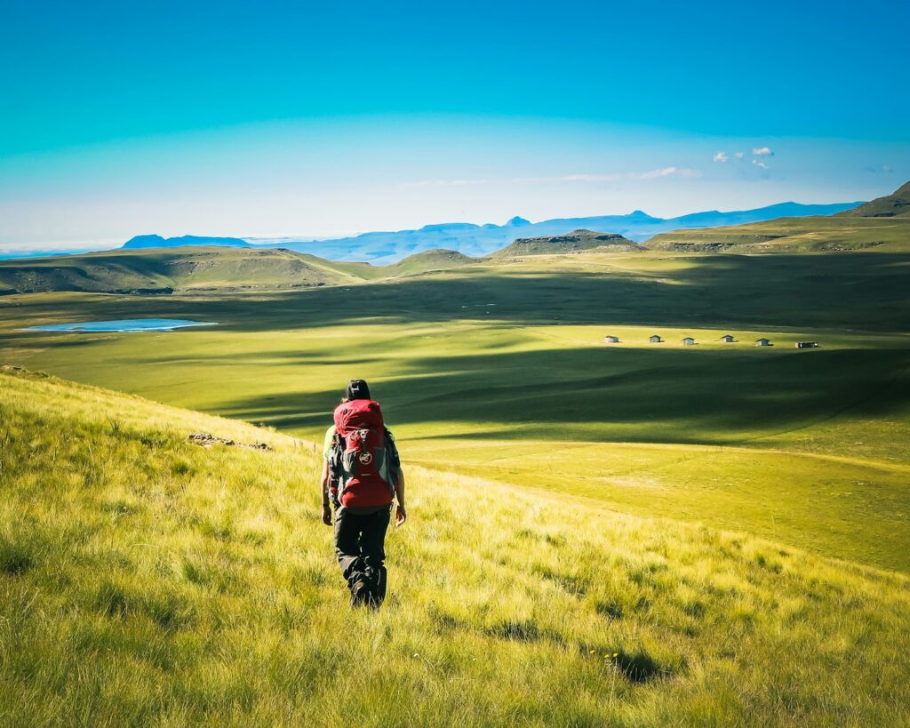 man walking on green grass field