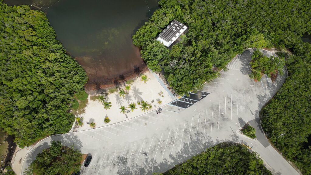an aerial view of a walkway surrounded by trees
