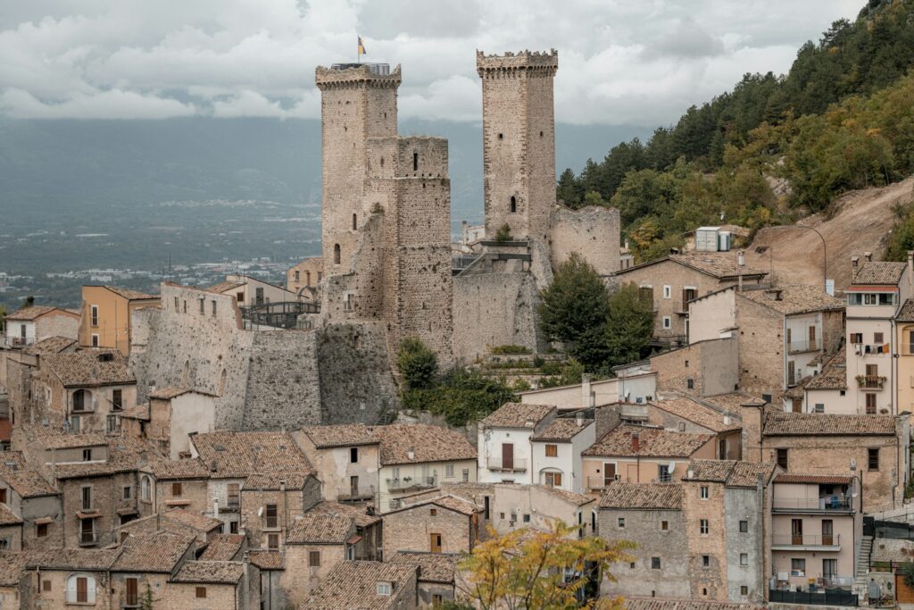 a view of a city with a castle in the background