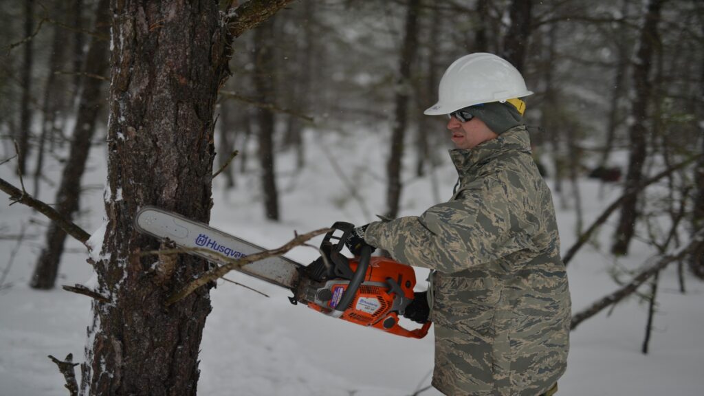 A man in a hard hat and work jacket is sawing down a tree, surrounded by greenery in a forested landscape.