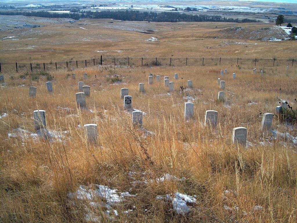 Last Stand Hill overlooking Little Bighorn River and Location of the Native American encampment on June 25, 1876