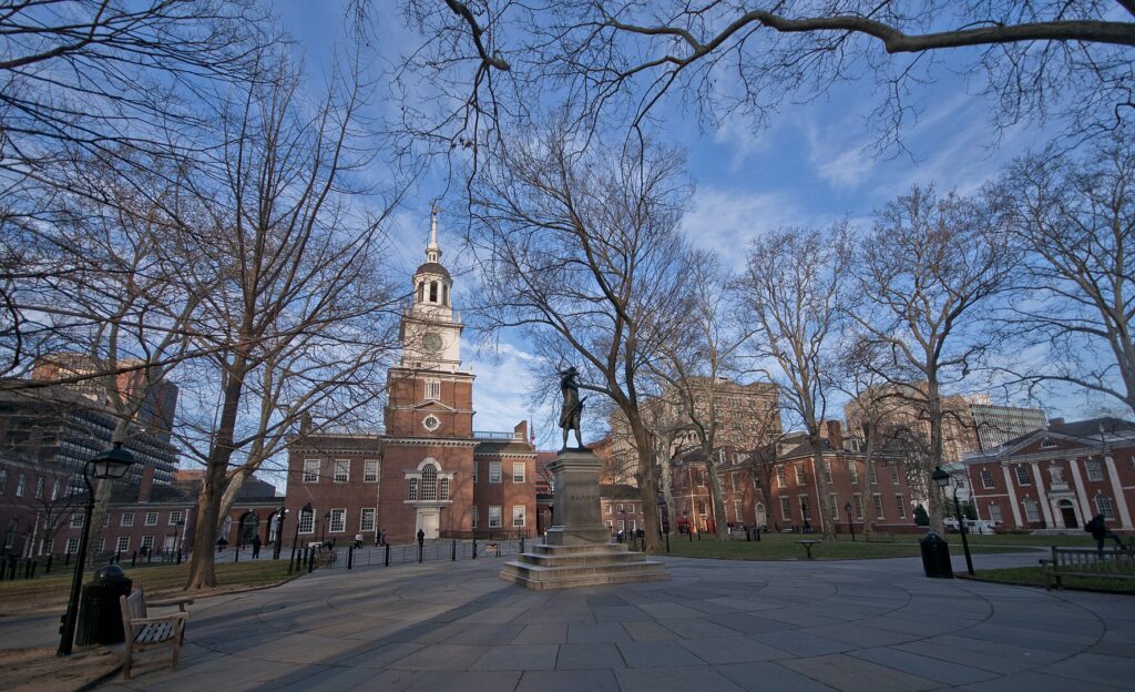 View of Independence Square from the south, featuring the statue of John Barry and Independence Hall