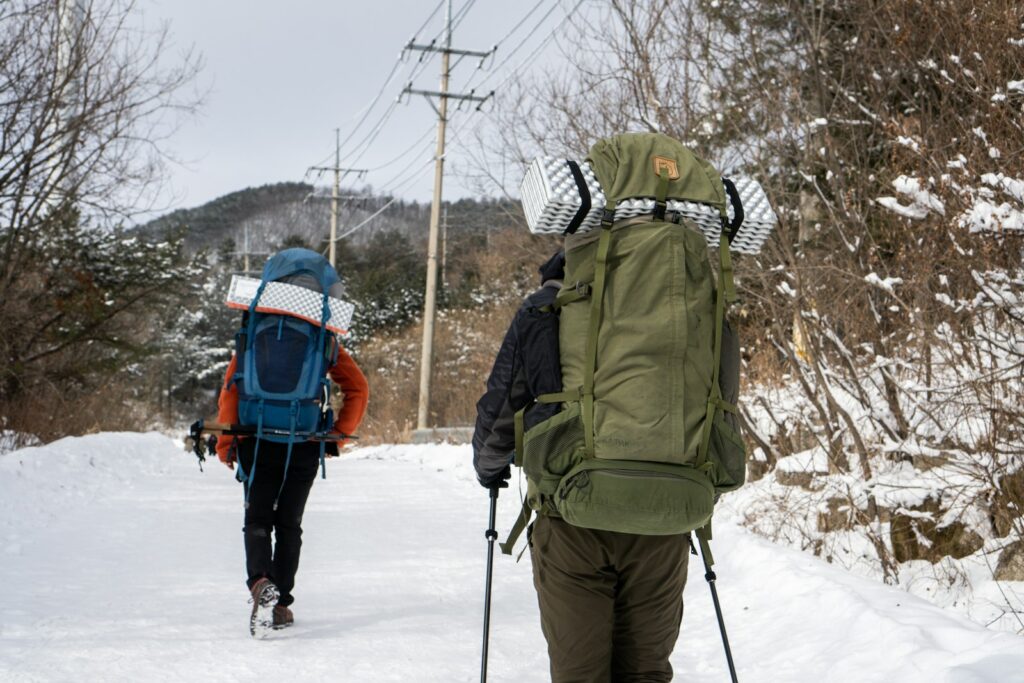 A couple of people that are walking in the snow.