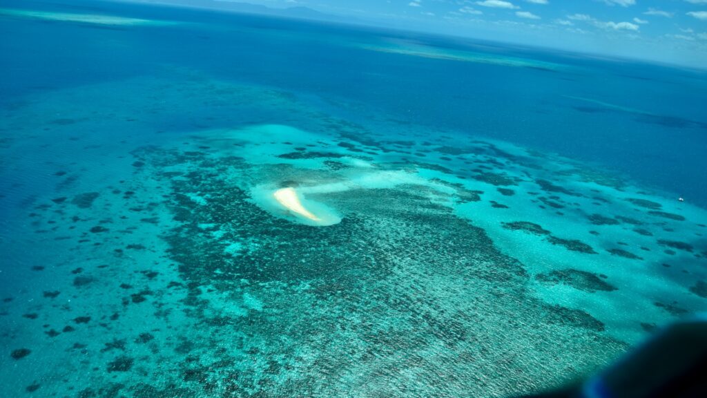 Aerial view of the Great Barrier Reef, showcasing vibrant coral formations and clear turquoise waters.