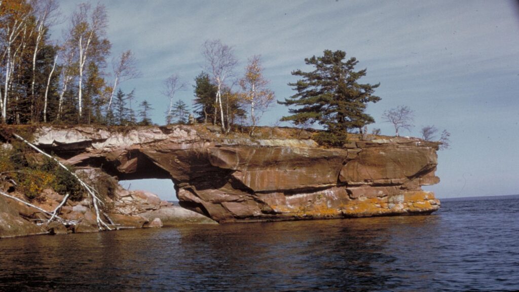 Impressive rock formation at Apostle Islands National Lakeshore, representing the striking geology of Wisconsin's coastline.