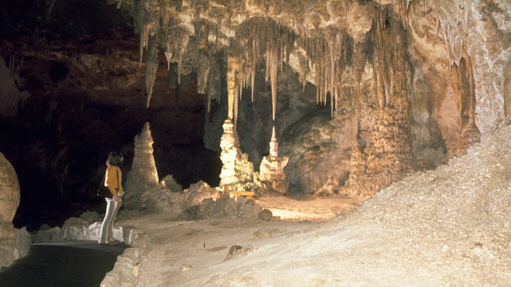A man stands before a cave entrance, framed by a striking large rock formation in a natural landscape.