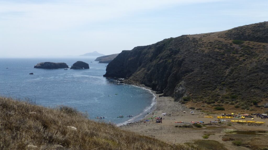 Expansive blue waters of Channel Islands National Park, California, surrounded by rugged cliffs and vibrant marine life.