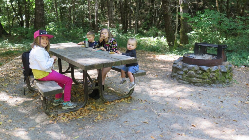 A group of smiling children at a picnic table, surrounded by nature, sharing food and fun in a vibrant outdoor setting.