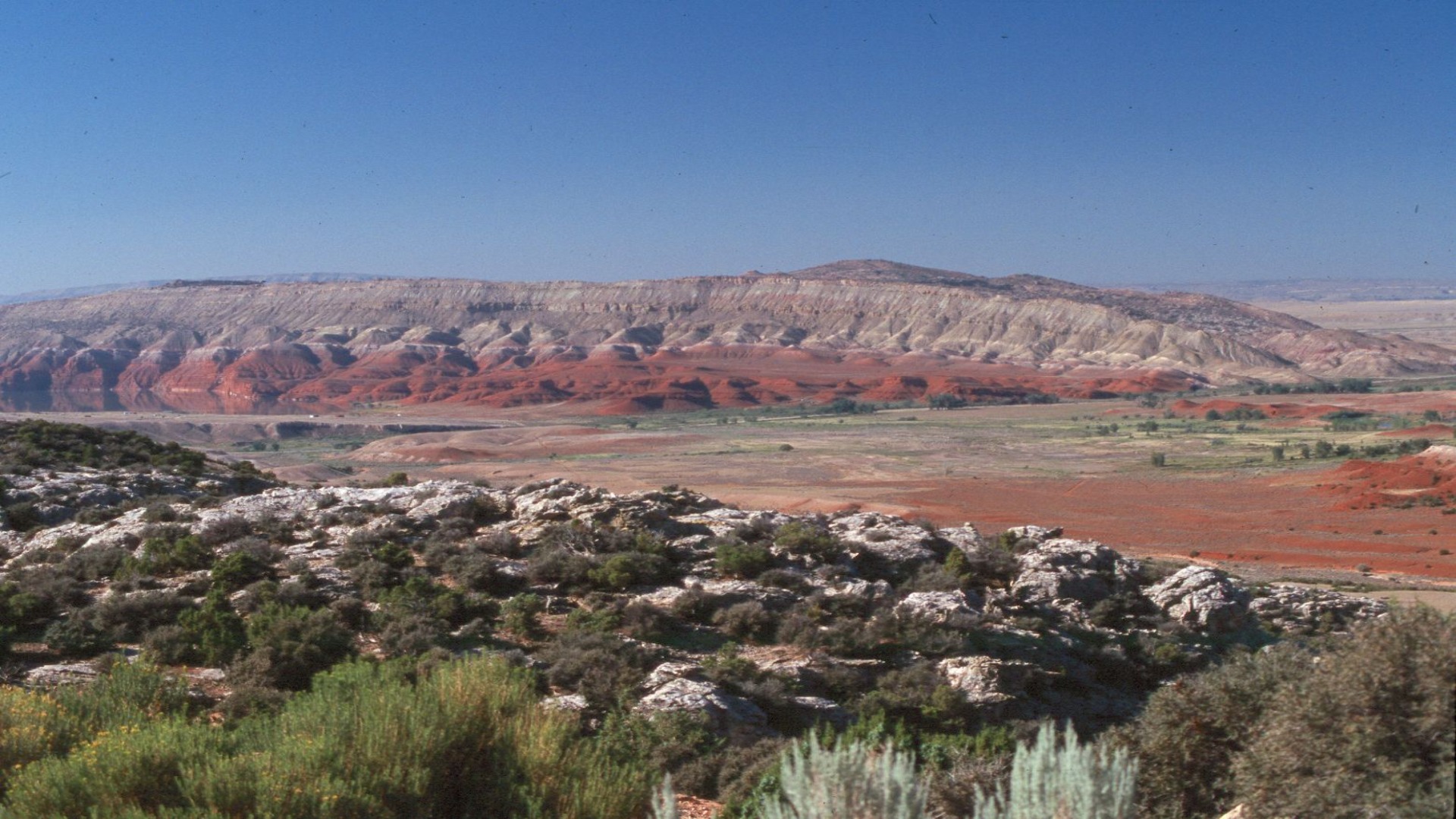 Majestic red rock formations dominate the desert scene, highlighting the rugged beauty of the arid landscape.