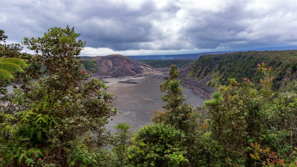 Overlooking Kilauea's crater from a hillside, capturing the stark beauty of the volcano amidst the rich greenery of the park.