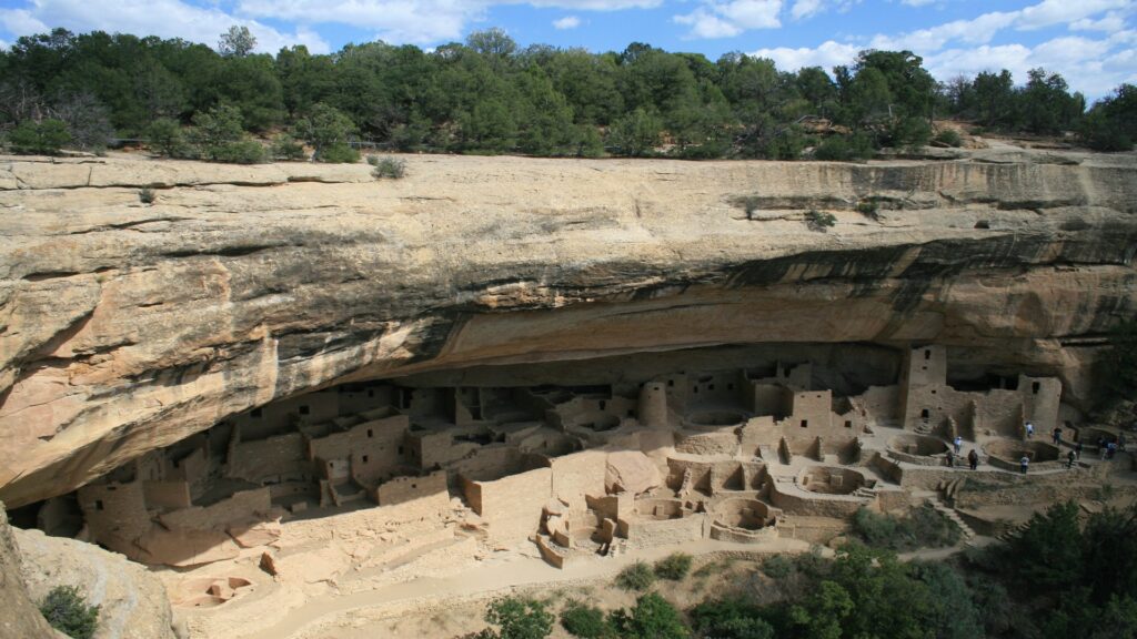 Surrounded by vibrant trees, a cliff dwelling in Mesa Verde National Park highlights the harmony of nature and history.