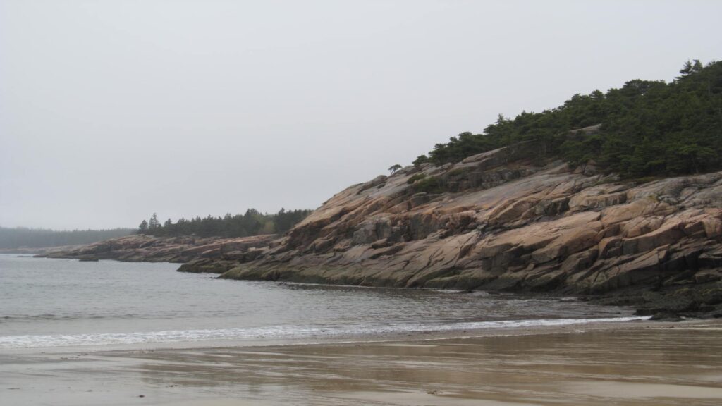A scenic view of Acadia National Park, featuring rocky shores and lush trees along the beach.