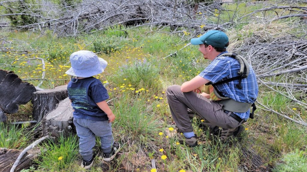 A man and a child enjoy a moment of togetherness while sitting on the grass, basking in the warmth of the sun.