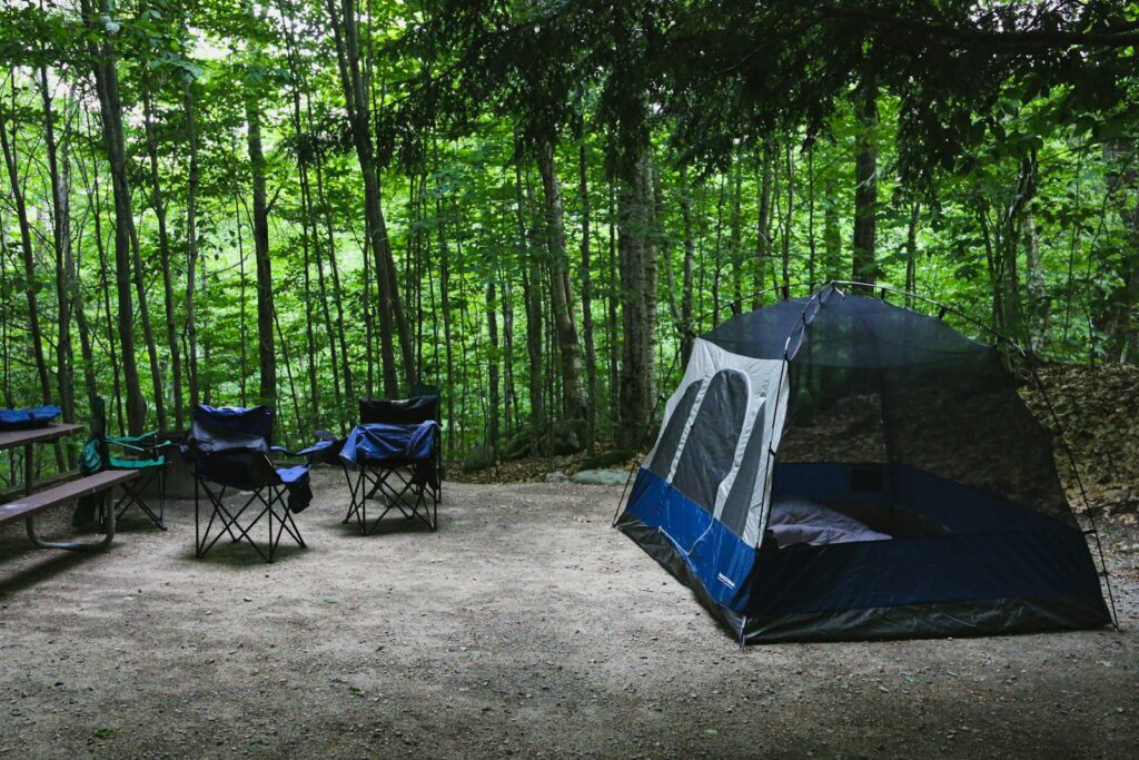 Blue and white dome tent and camping chairs surrounded by trees.