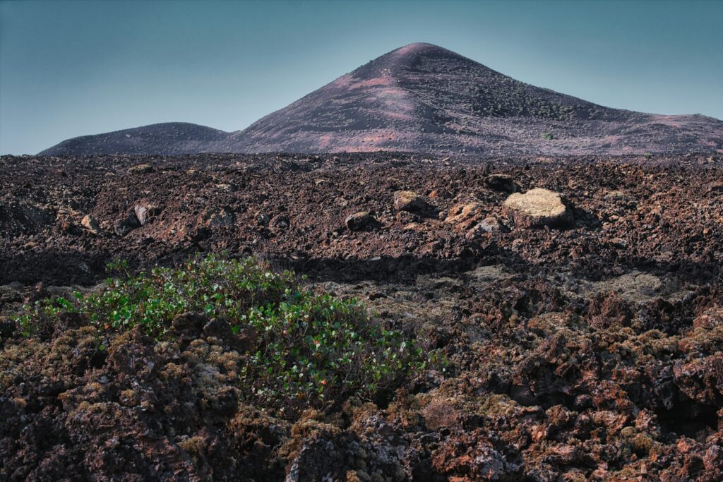 a mountain with a small patch of vegetation in the foreground