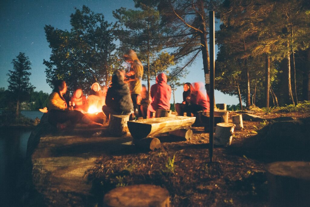 A group of people near bonfire near trees during nighttime.