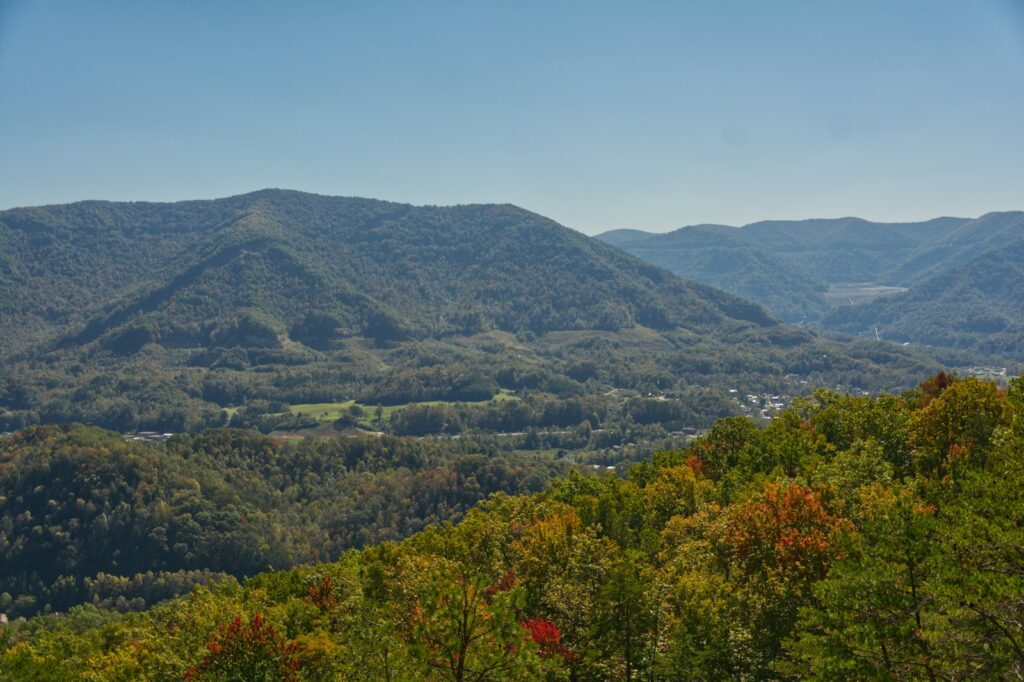 Mountains, trees, and a clear blue sky.