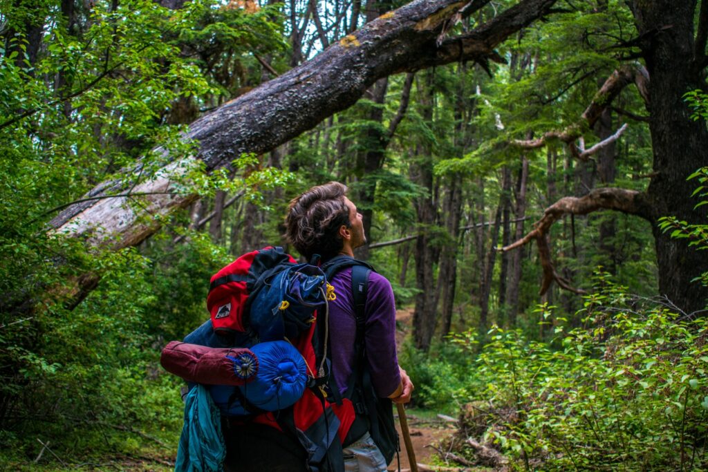 Man carrying hiking backpack surrounded with trees