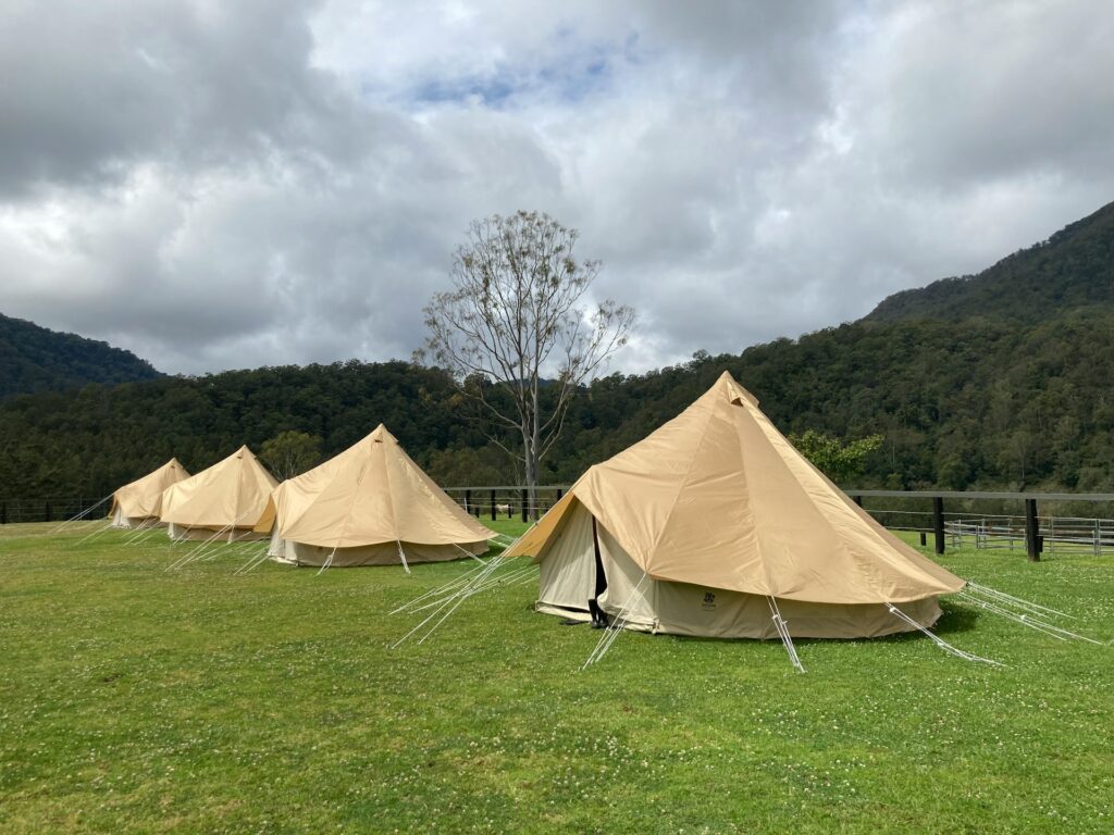 Several tents are set up in a lush green field, indicating a gathering or outdoor event in a natural setting.