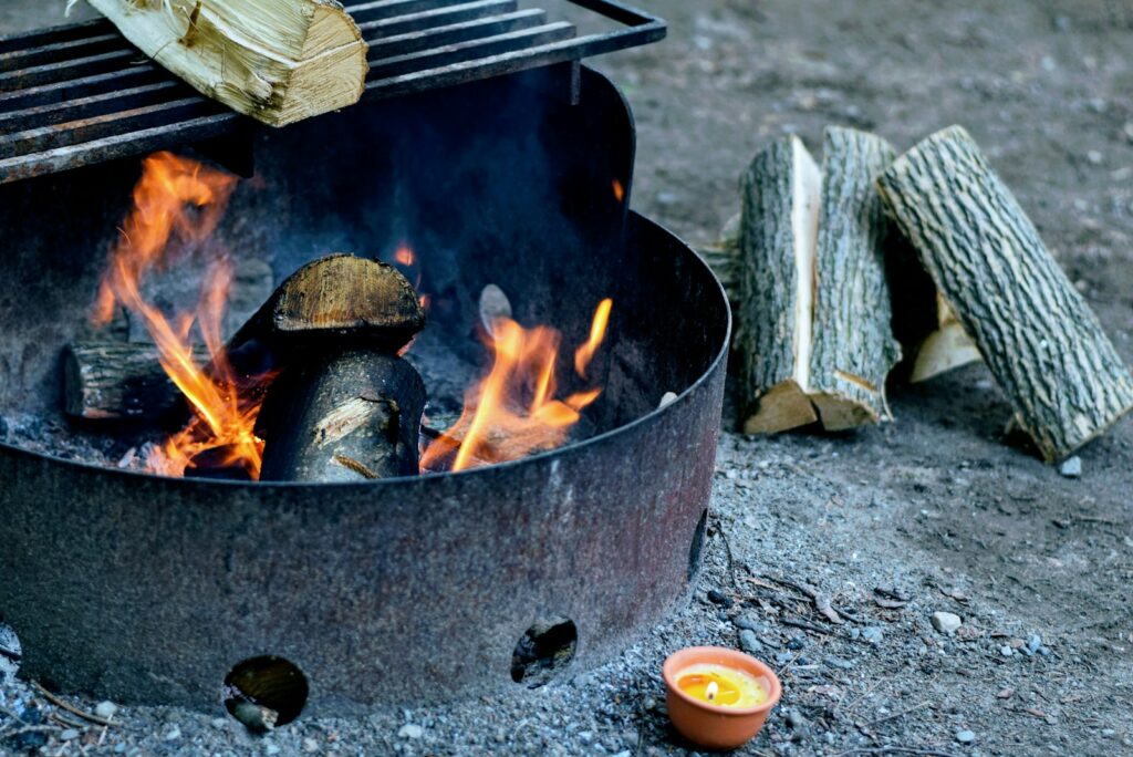 Burning firewoods on grille