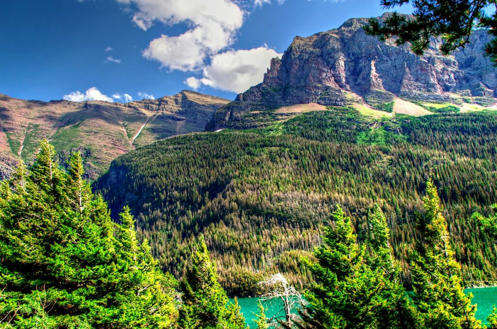 A grand mountain looms in the background, with a peaceful lake nestled at its base, showcasing nature's splendor.
