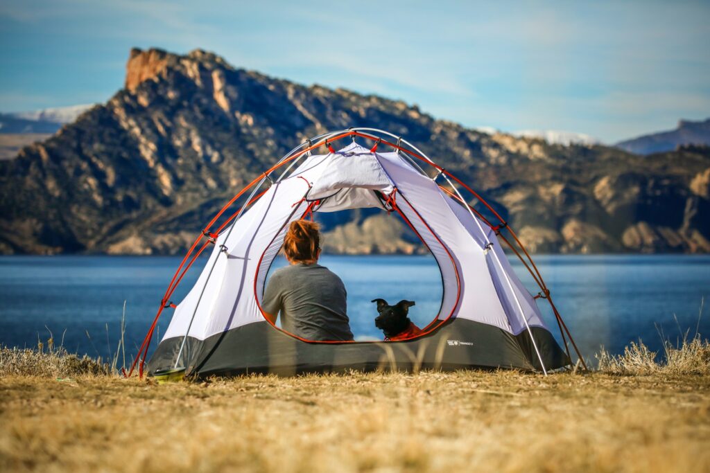 A woman and her dog relax in a tent by a serene lake, enjoying nature's tranquility together.