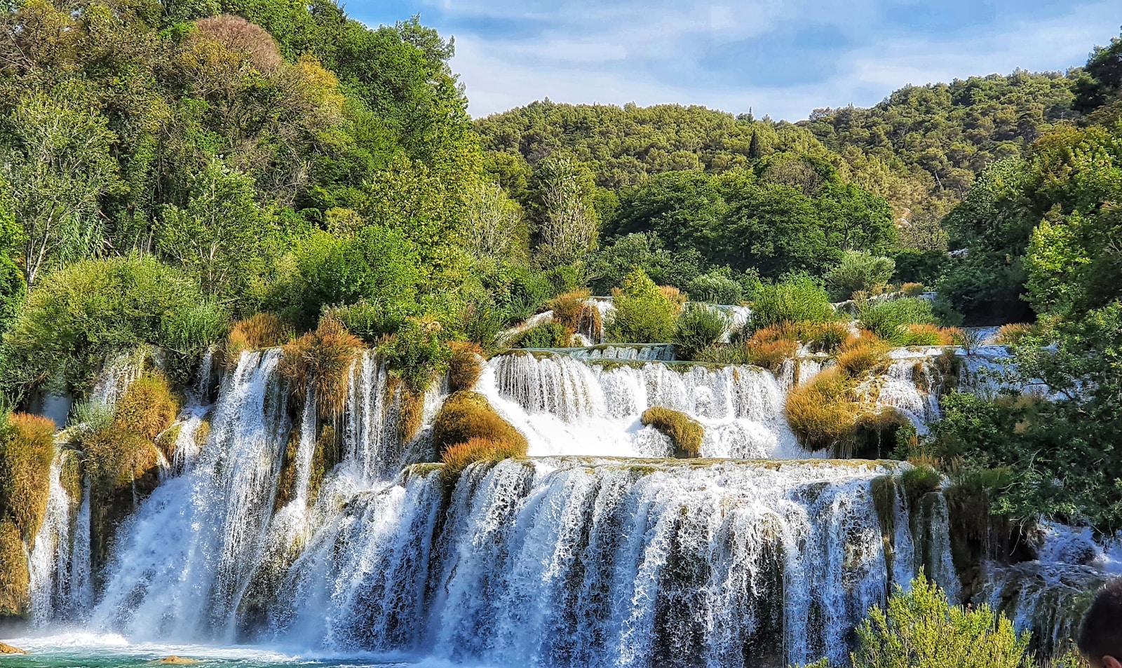 waterfalls in the middle of green trees