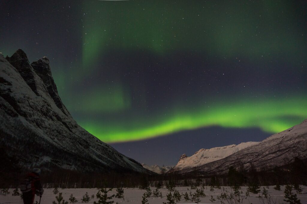 green aurora lights above snow-capped mountain