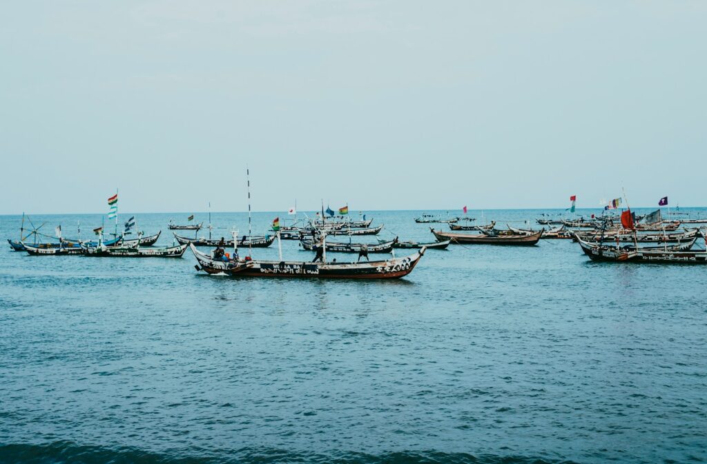 a group of boats sit in the water