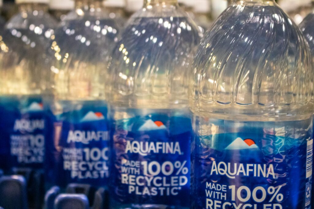 Aquafina water bottles are made with 100% recycled plastic.