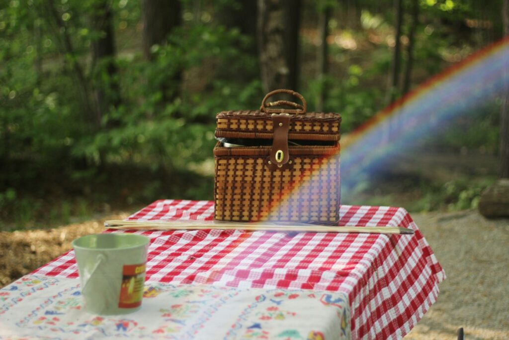 Picnic basket on the table.