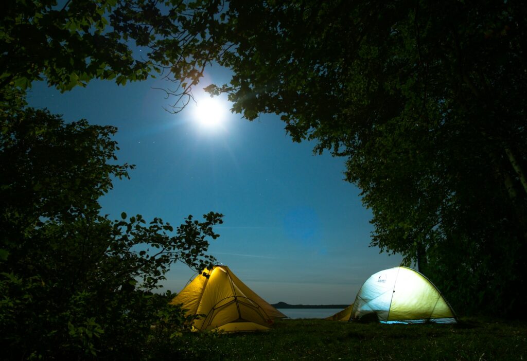 Two yellow and green tens between green trees at nighttime.