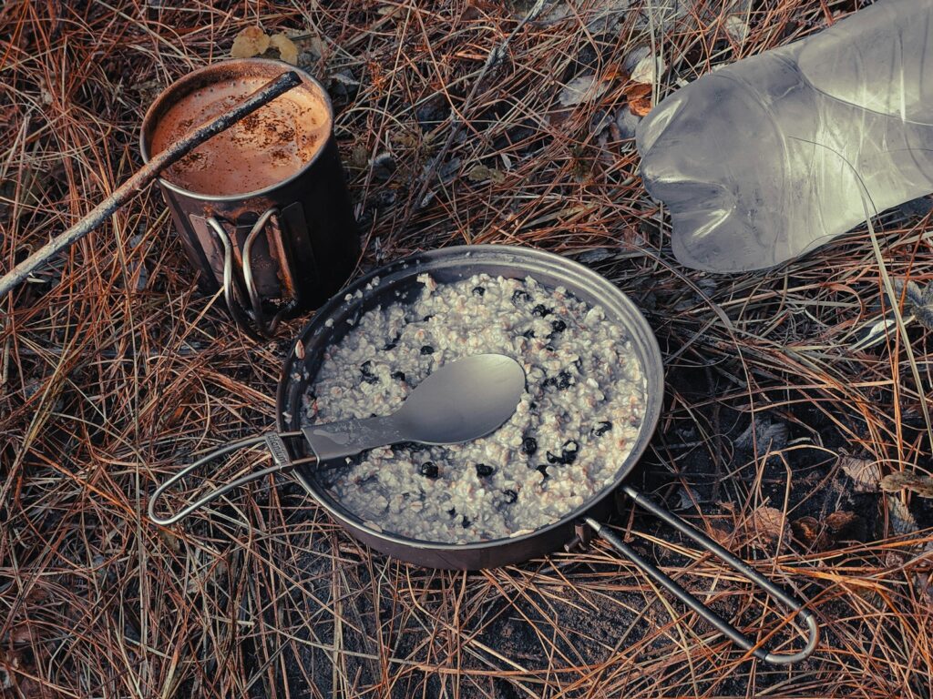 White powder on blue round ceramic bowl.