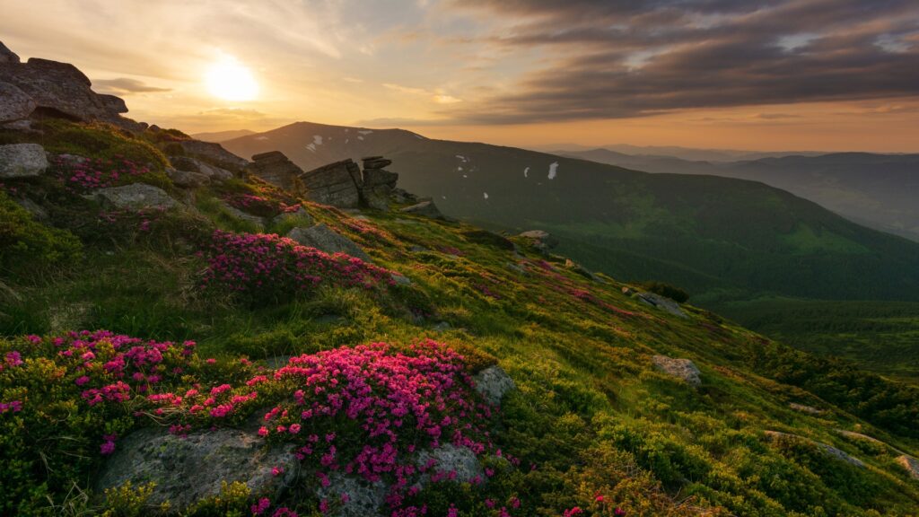 A picturesque sunset over a mountain, with pink flowers in the foreground adding a touch of color to the scene.