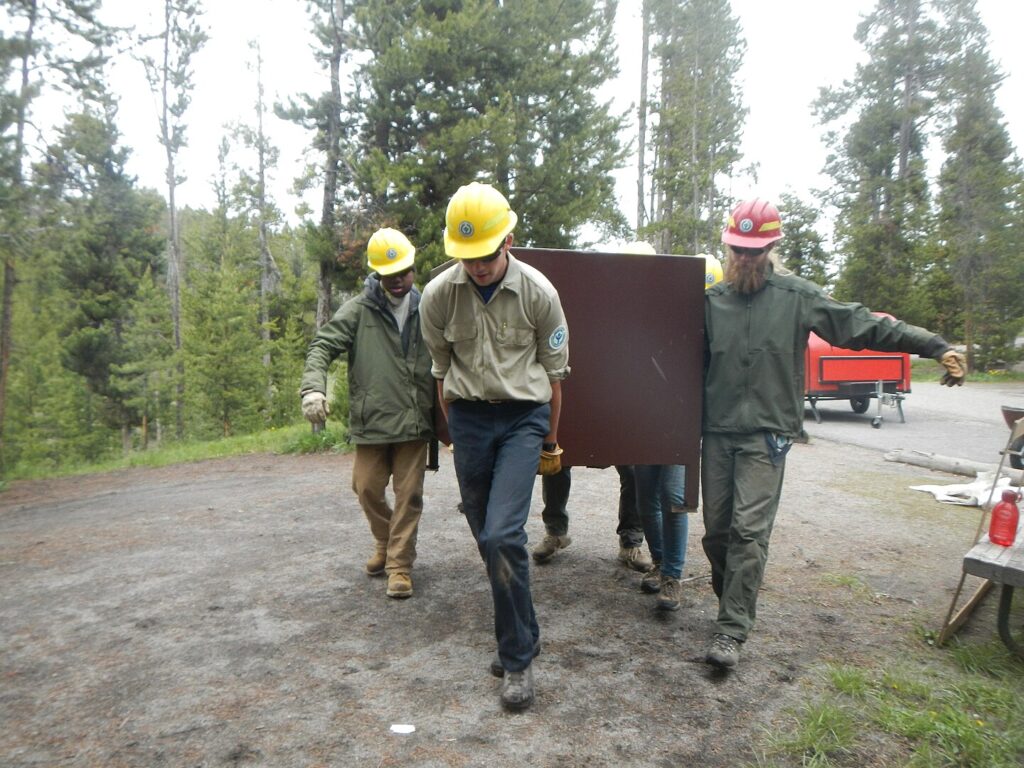 Yellowstone YCC enrollees installing a bear box at Norris Campground in Summer 2014. Each campsite now has a bear box for campers to store their food, coolers, and stoves.