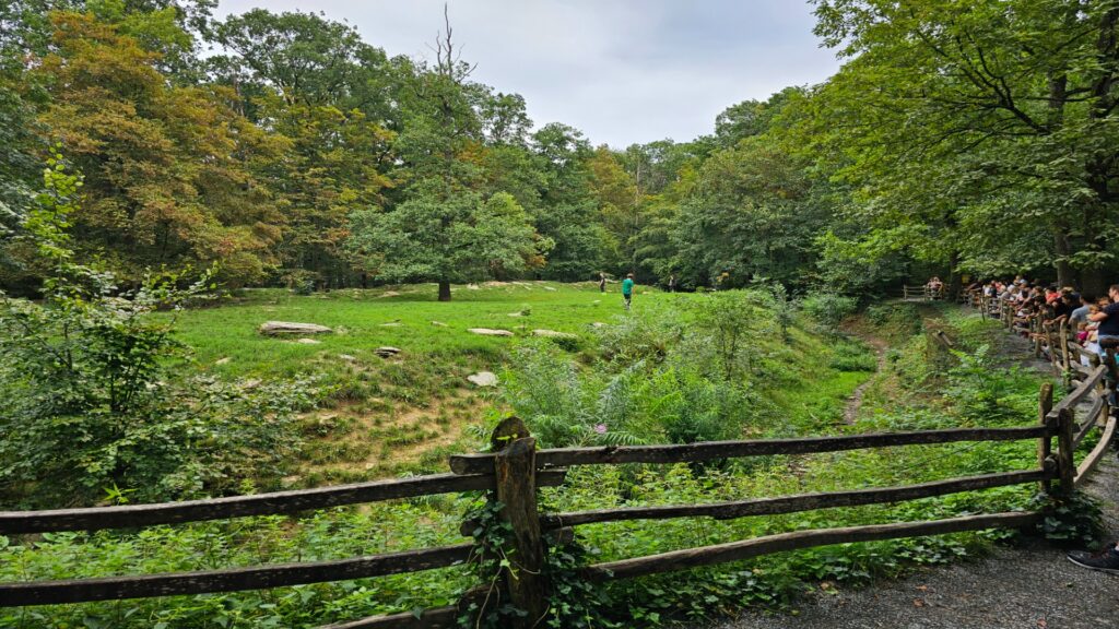Individuals walk along a wooden fence adjacent to a river, surrounded by lush greenery and peaceful waters.