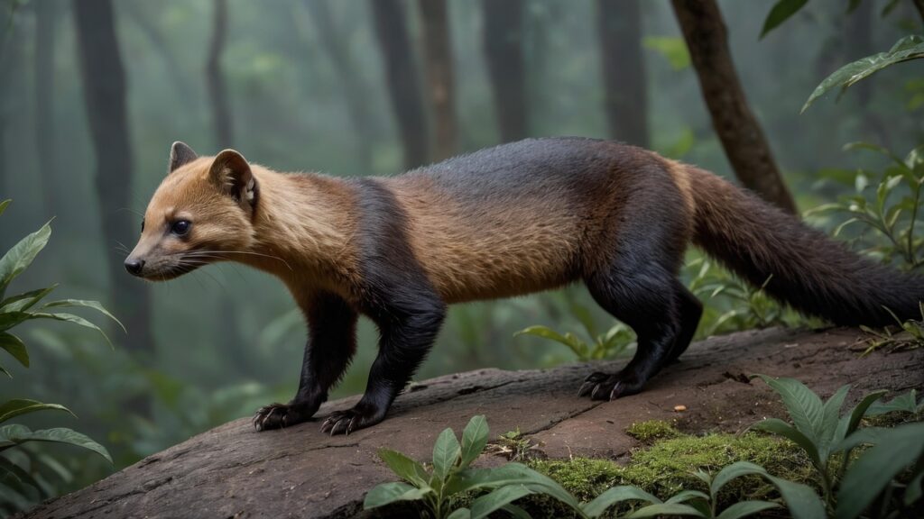 ai generated, japanese marten, marten, animal, omnivorous, rock, nature, plants, leaves, trunks, trees, wildlife, forest, close-up