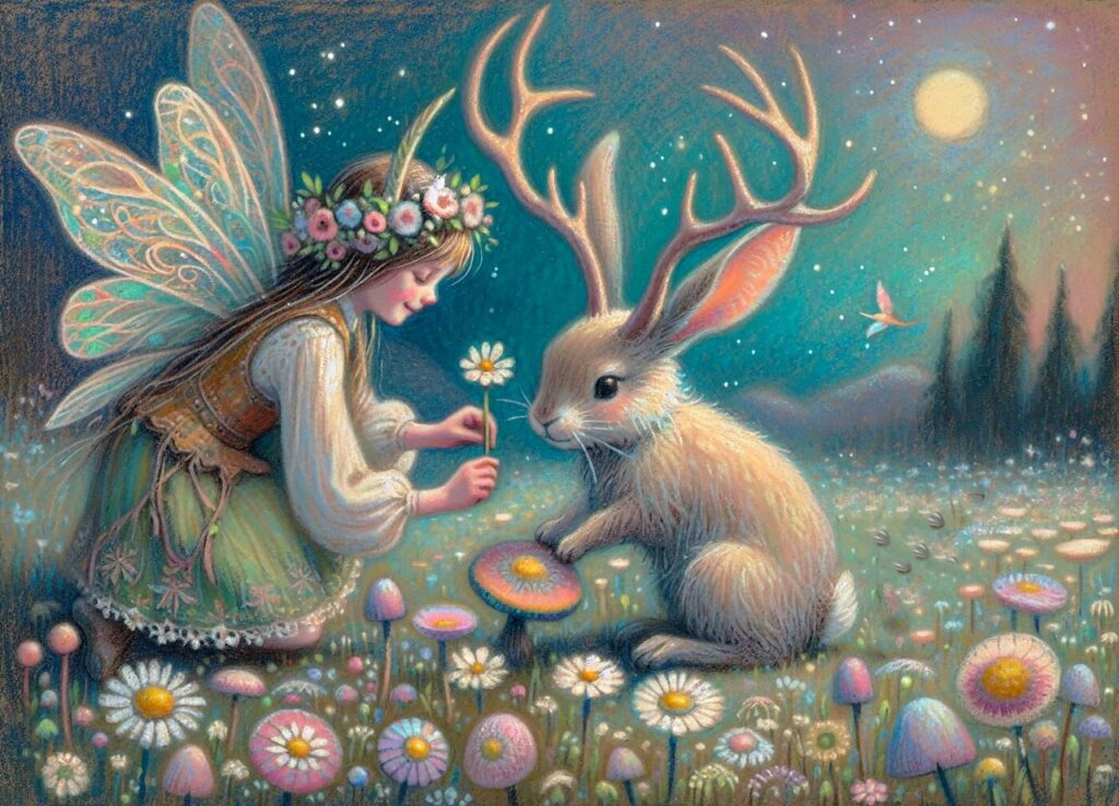 ai generated, fairy, jackalope, magical scene, starry night, moonlight, meadow, flowers, mushrooms, translucent wings, flower crown, gentle interaction, mythical creature, enchanting atmosphere, fantasy art