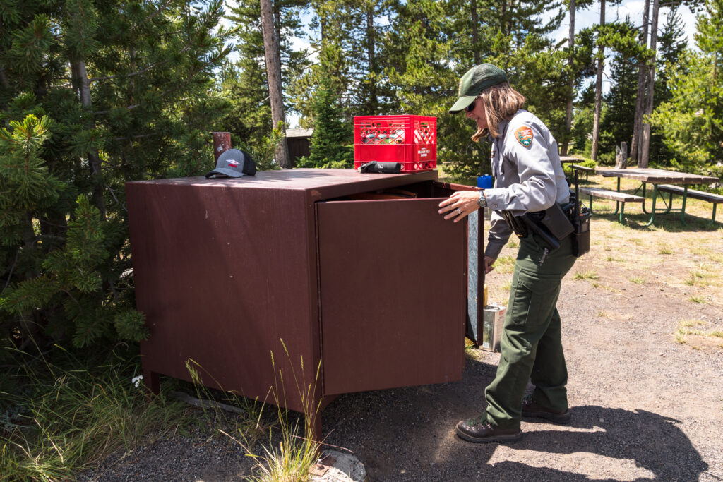 Ranger Sene checks a bear box for proper food storage