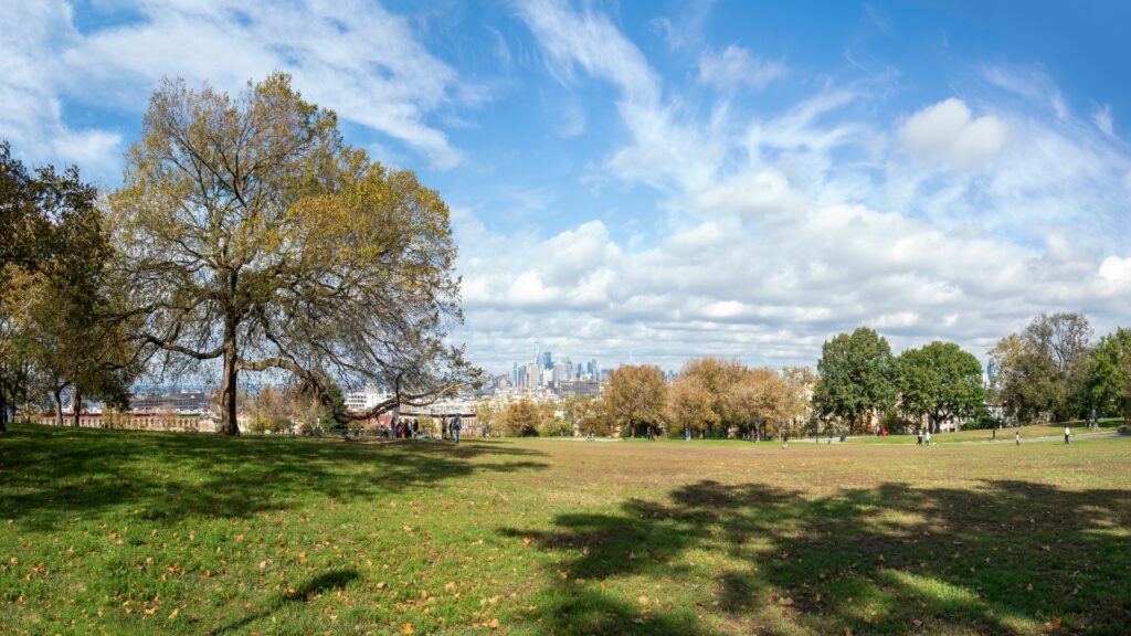 A scenic park view with lush greenery and a vibrant city skyline rising in the background under a clear blue sky.