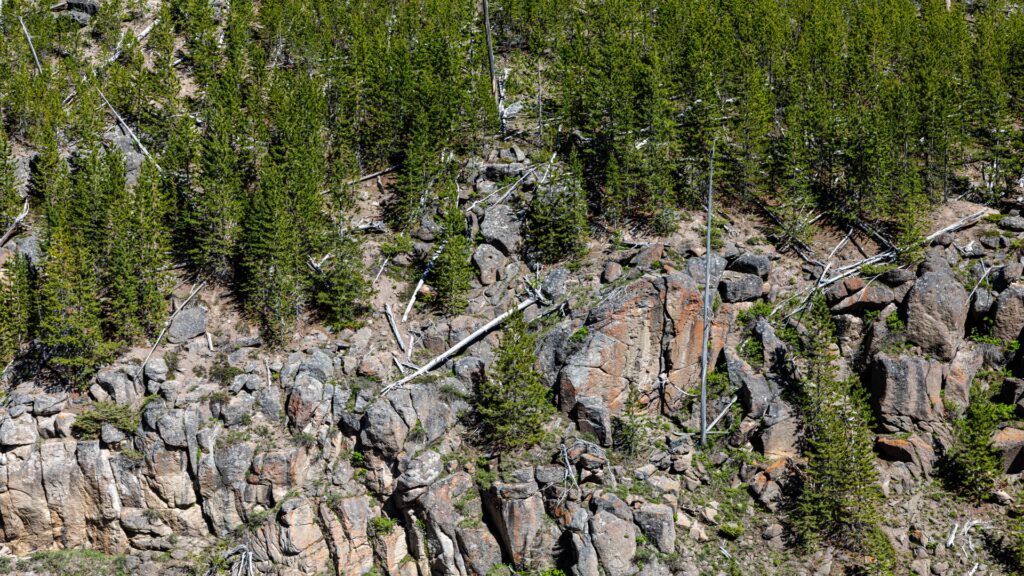 A majestic rock face in Yellowstone Park, highlighting the area's dramatic landscapes and rich geological history.