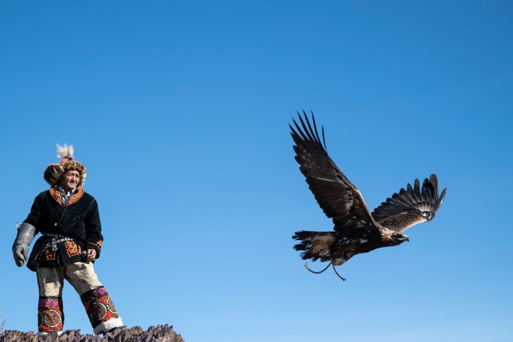 man standing near flying bird