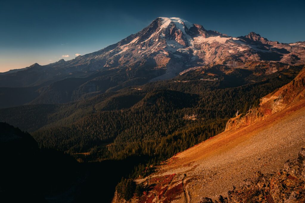 a view of a snow covered mountain from the top of a hill
