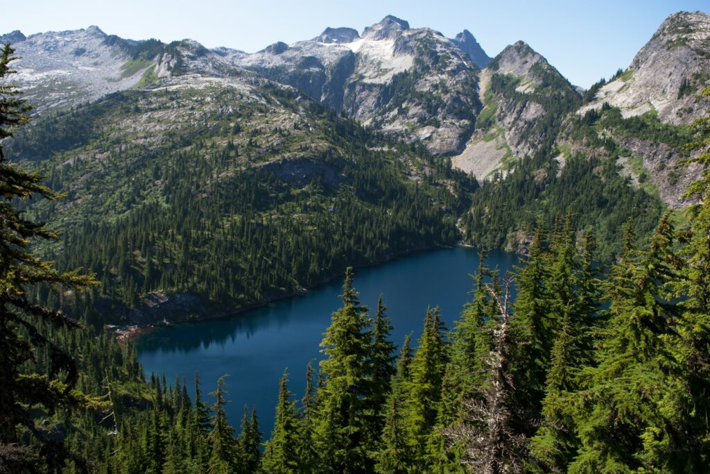 a view of a mountain lake surrounded by pine trees