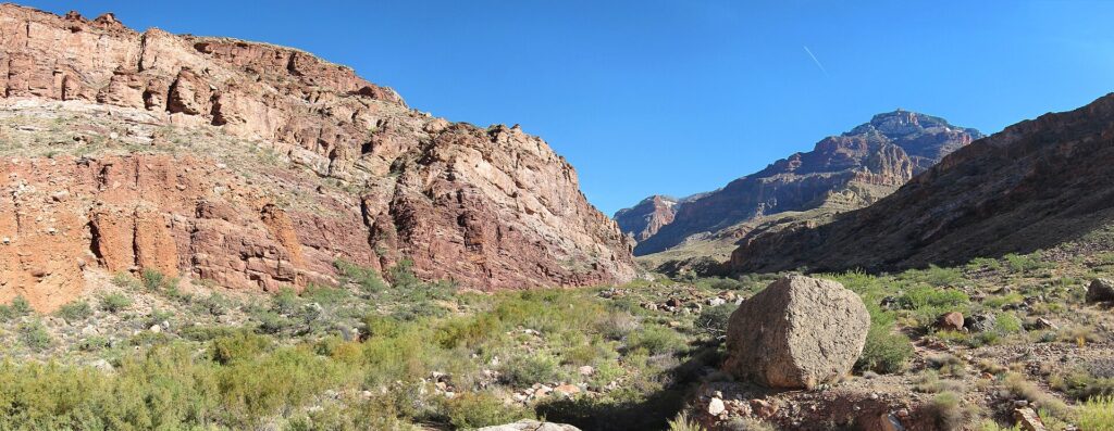 Looking north on the North Kaibab Trail in an open area south of Cottonwood Campground.